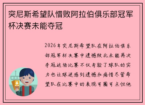 突尼斯希望队惜败阿拉伯俱乐部冠军杯决赛未能夺冠 突尼斯希望队惜败阿拉伯俱乐部冠军杯决赛未能夺冠