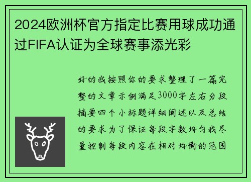 2024欧洲杯官方指定比赛用球成功通过FIFA认证为全球赛事添光彩
